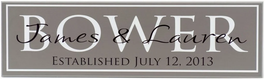 Family Established Sign in charcoal with white border. Personalized family name in white block, couple's first names and established date in black