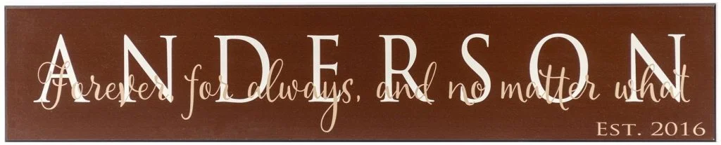 Personalized Wooden Family Sign. Chocolate wood sign with family name in off white and "Forever, for always, and not matter what" and established date in tan