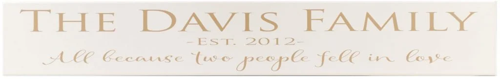 Personalized wooden family Sign. Off white wood sign with family name, "All because two people fell in love", and established date in tan.