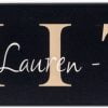 Personalized Family Last Name Sign Black wood sign with family name in tan and individual names in off white