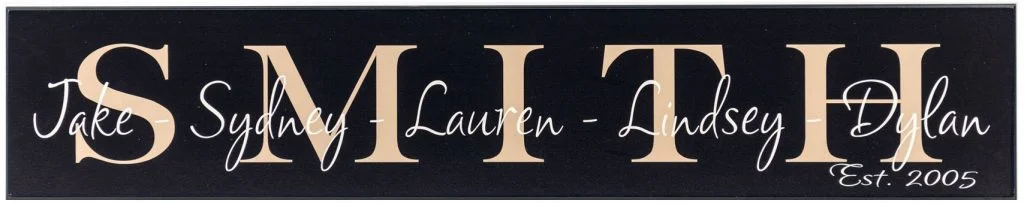 Personalized Family Last Name Sign Black wood sign with family name in tan and individual names in off white