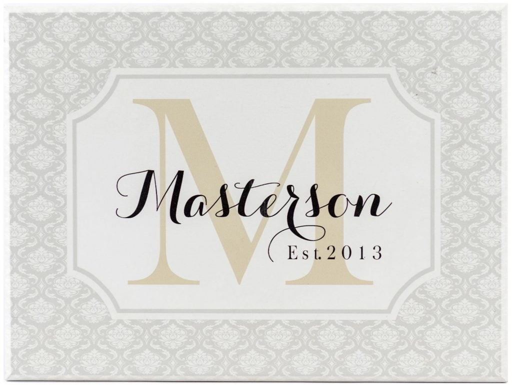 wooden monogram sign with gray damask border, Tan Monogram Letter, black script personalized name through center, and established year in corner.