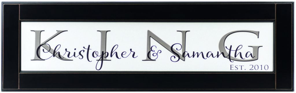 Personalized wood framed Sign White wood sign with charcoal family name framed in black wood frame with couples name and established date in black