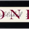 Personalized Wood Framed Sign. Off white wood sign with red family name framed in black wood frame with established year in black over the top of the name