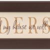 Personalized wood framed Sign Off white wood sign with tan family name framed in brown wood frame with saying "As for me and my house we will serve the Lord", and established date in black