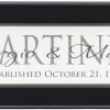 Personalized wood framed Sign White wood sign with charcoal family name framed in black wood frame with couple's names and established date in black complete view
