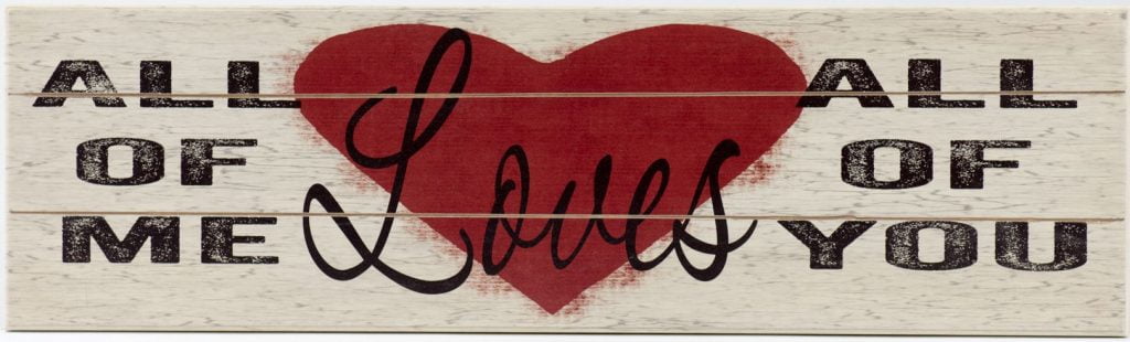 Valentine's Day Decor wood sign with saying, "All of me loves all of you" on off white sign with red heart.