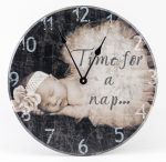 Personalized wood photo wall clock with image of baby in sepia tones.
