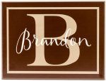 Boys personalized name sign. Brown wood sign with tan monogram for boys bedroom wall decor