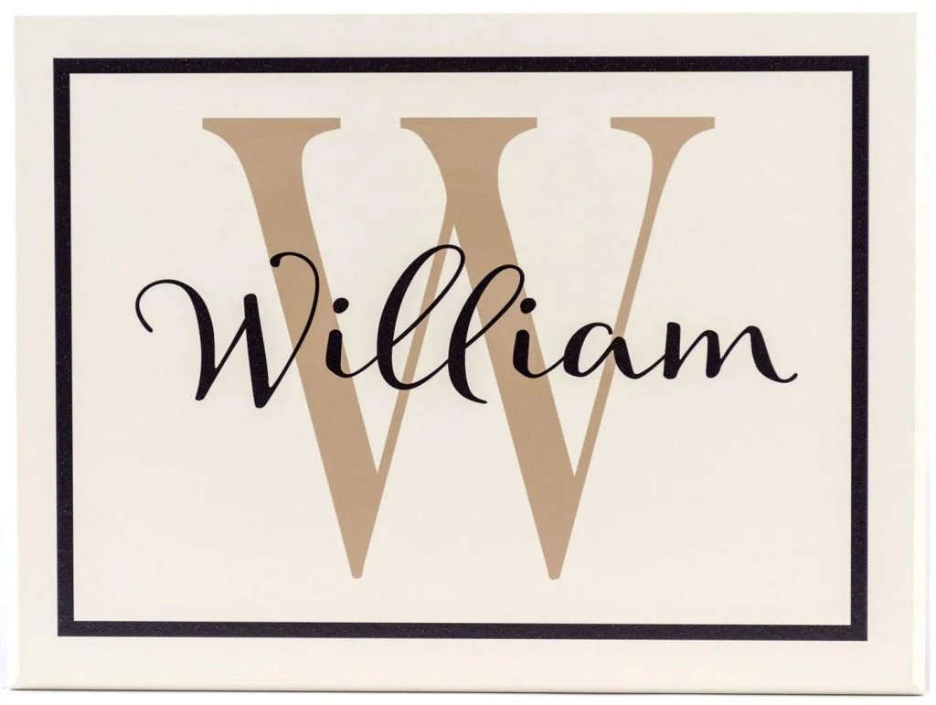 Boys personalized name sign with monogram for boys bedroom wall decor. Off White wood sign with tan text.