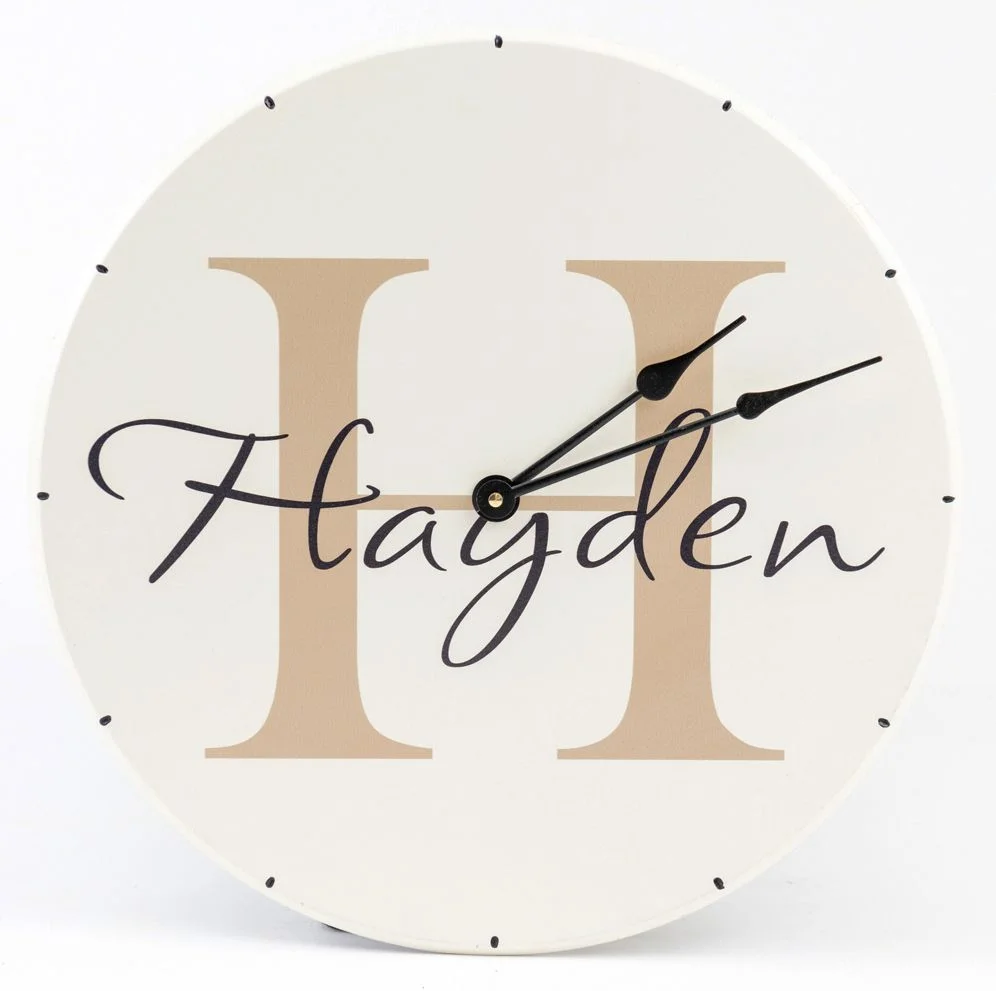 Personalized clock with monogram and boys name. Wood clock for boys bedroom wall decor white with tan text