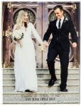 personalized wood picture of bride and groom walking down steps with the text, "Brigham & Kelsey Wells est. June 16th, 2015"