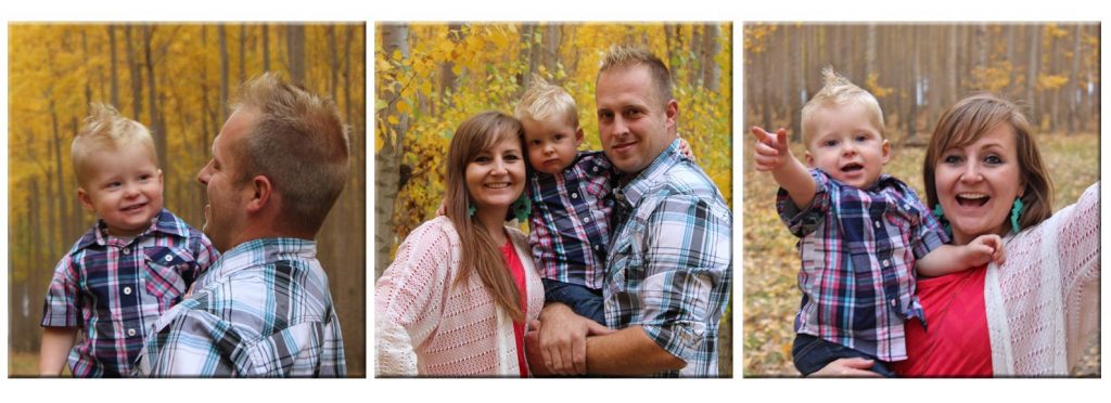 three horizontal wood photo collage of family photo shoot in autumn setting