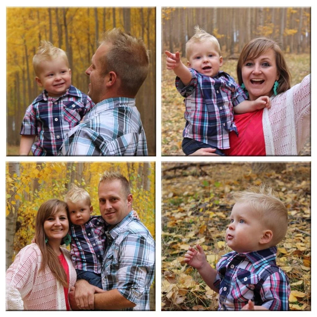 4 square wood photo collage of family photo shoot in autumn setting